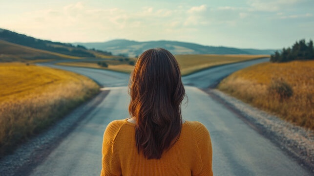 A woman in a yellow sweater, seen from behind, standing where a road splits in two through golden fields